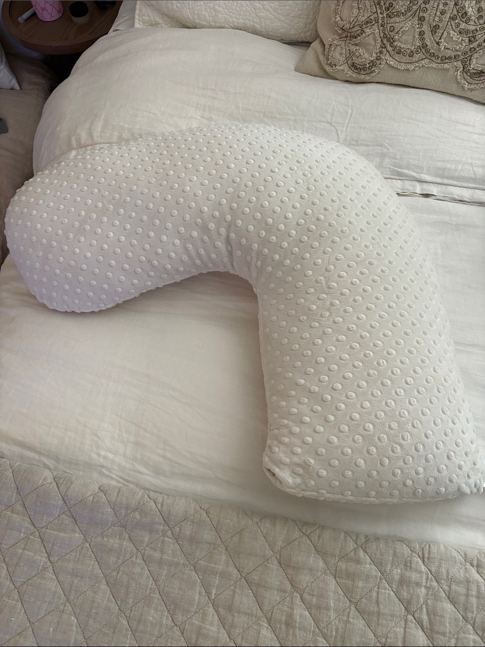 Curved Support Body Pillow in Cream with Raised Dot Texture